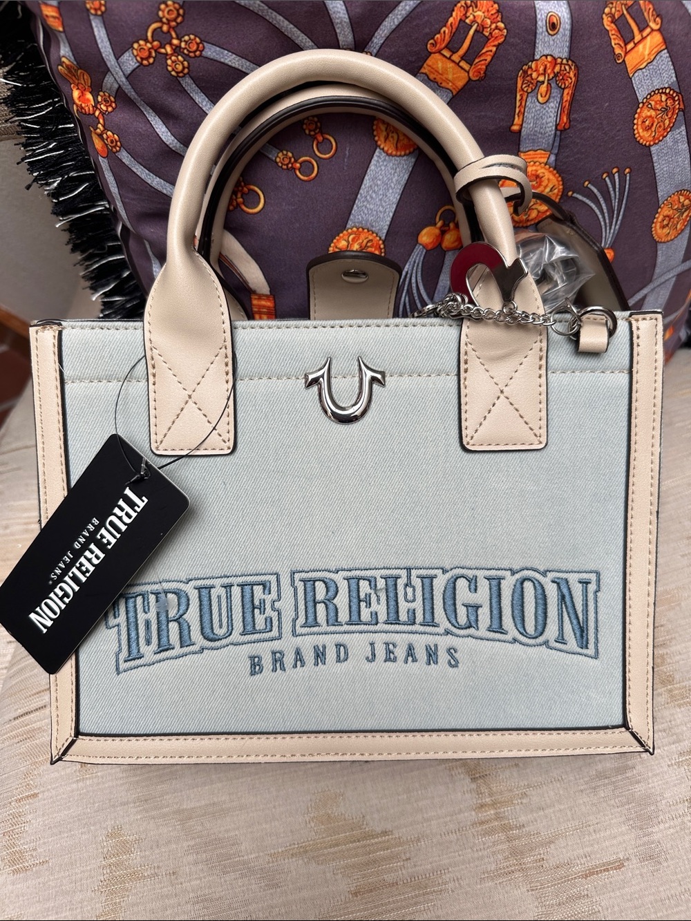 ⚡️True Religion Cream and Light Blue Denim Logo Tote Bag $100